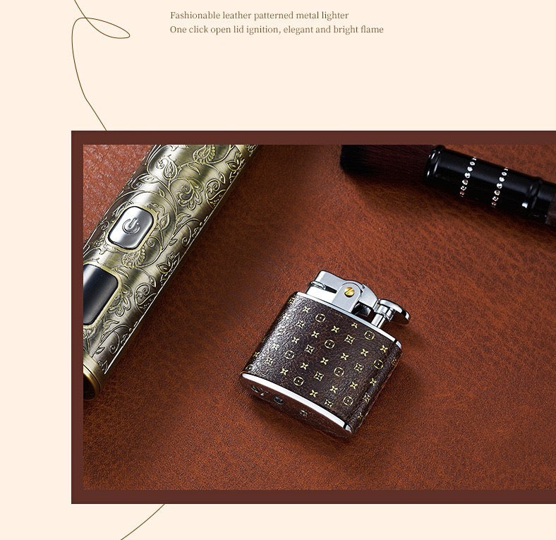 Classic Leather Grain Open Flame Lighter Windproof Kerosene Lighter
