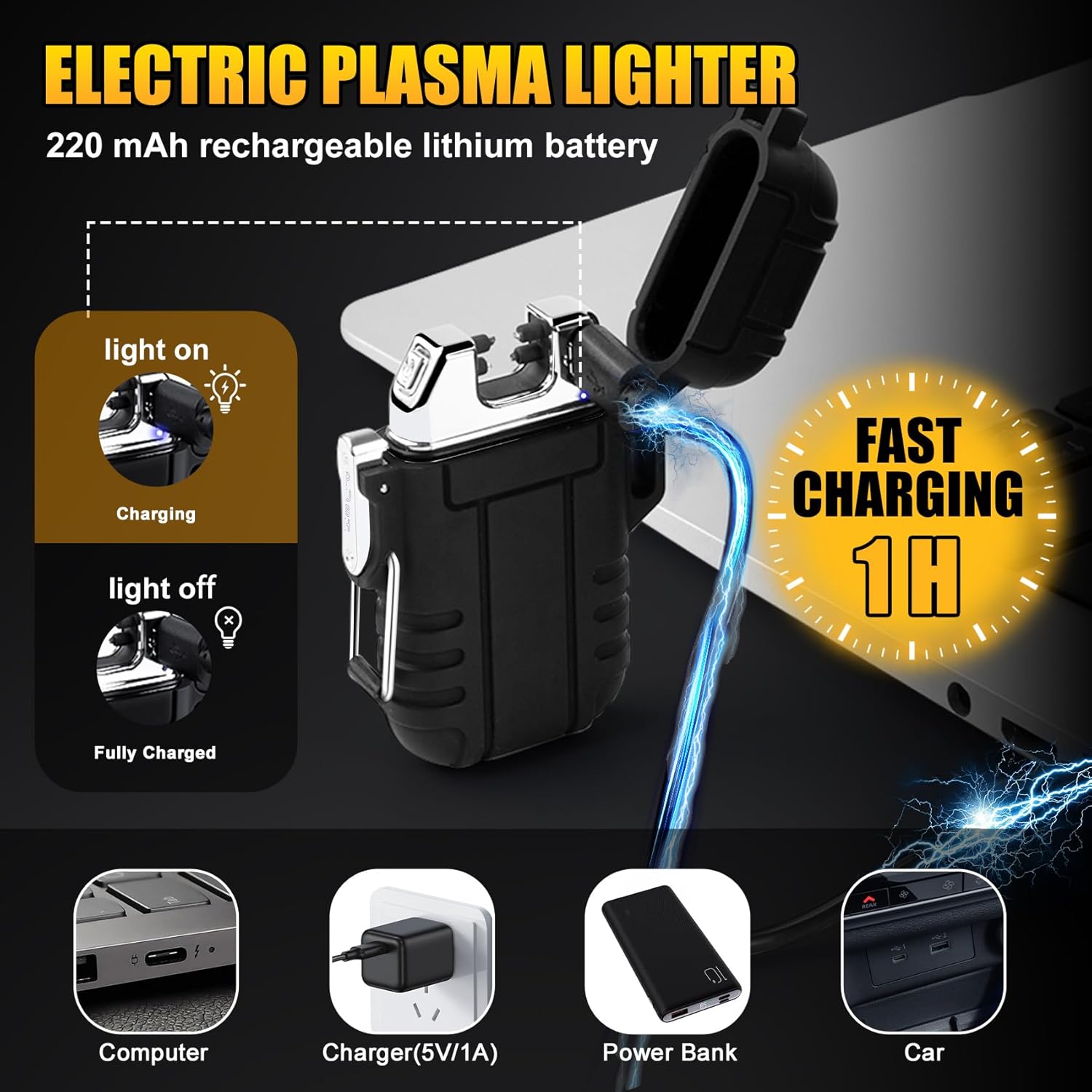 Waterproof Electric Lighter Windproof Dual Arc USB Rechargeable Flameless Plasma Lighters