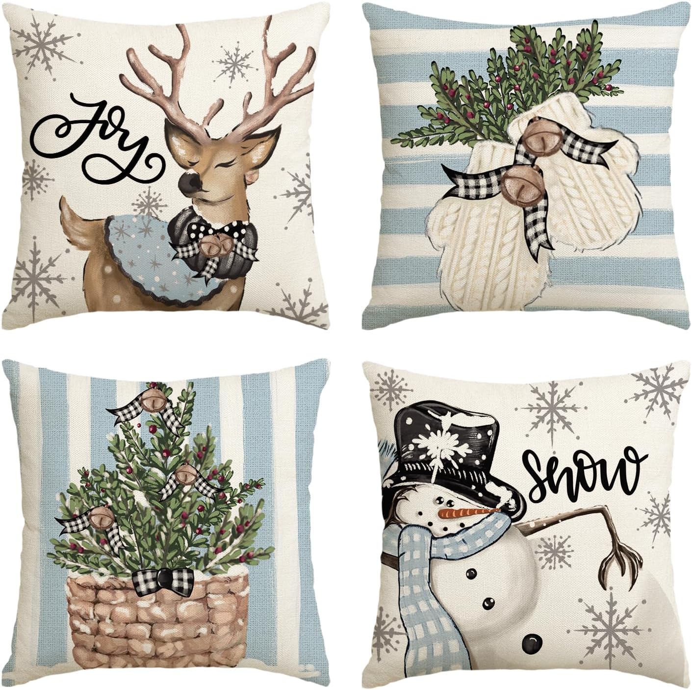 Christmas Snowman Reindeer Gloves Eucalyptus Throw Pillow Covers