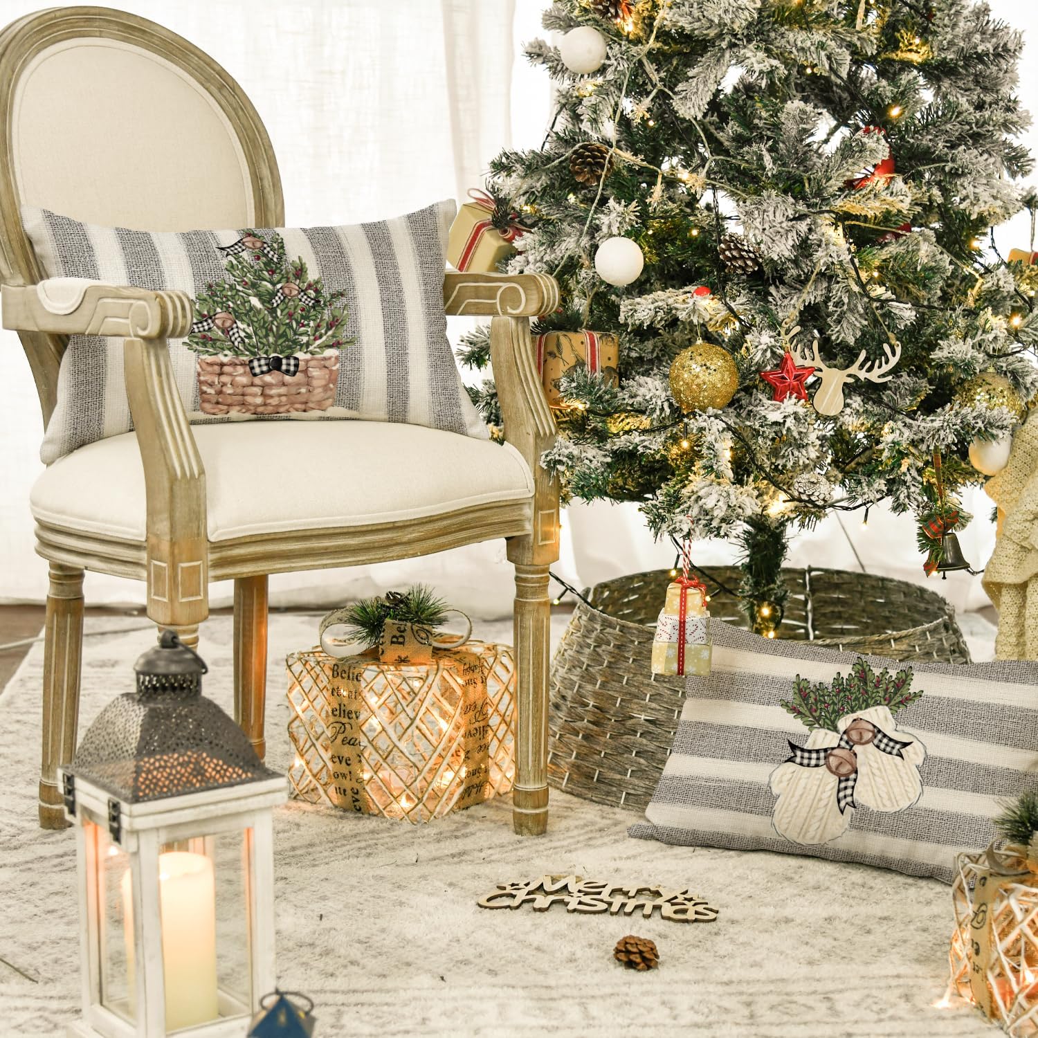 Christmas Snowman Reindeer Gloves Eucalyptus Throw Pillow Covers