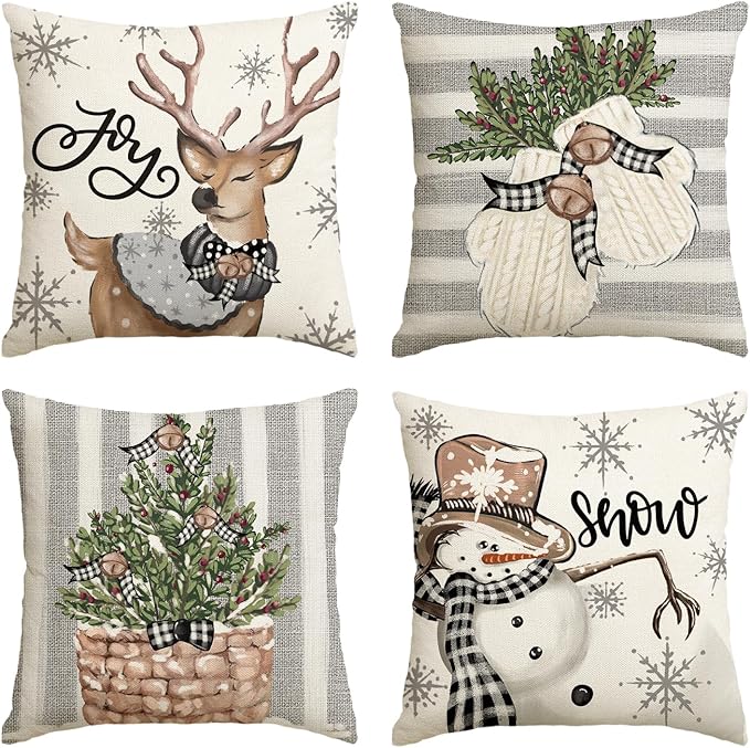 Christmas Snowman Reindeer Gloves Eucalyptus Throw Pillow Covers