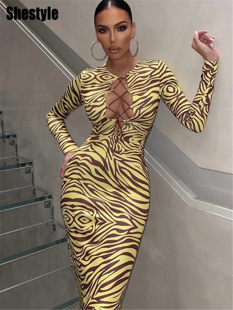 Print Yellow Pencil Long Dresses Women V Neck Corss Bandage