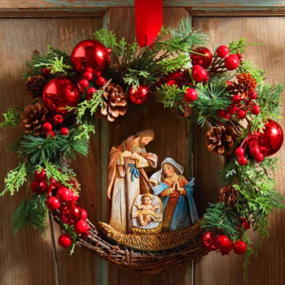 40CM Red Christmas Wreath Jesus Sacred Wreath Home Decoration