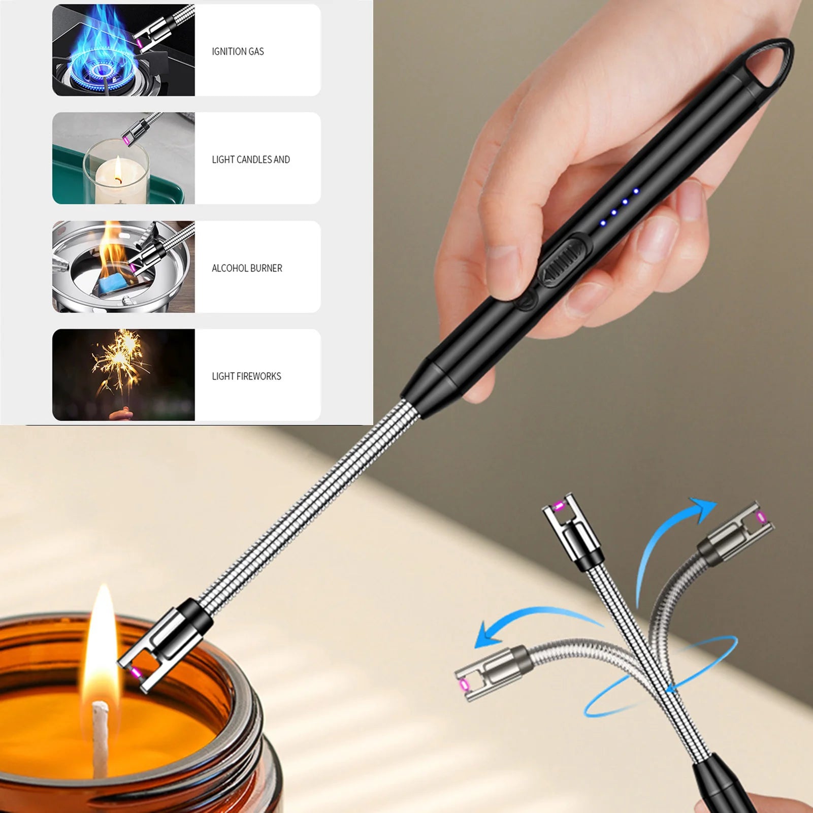 USB Windproof BBQ Lighter 360°Electric Arc Flameless Plasma Ignition Lighters