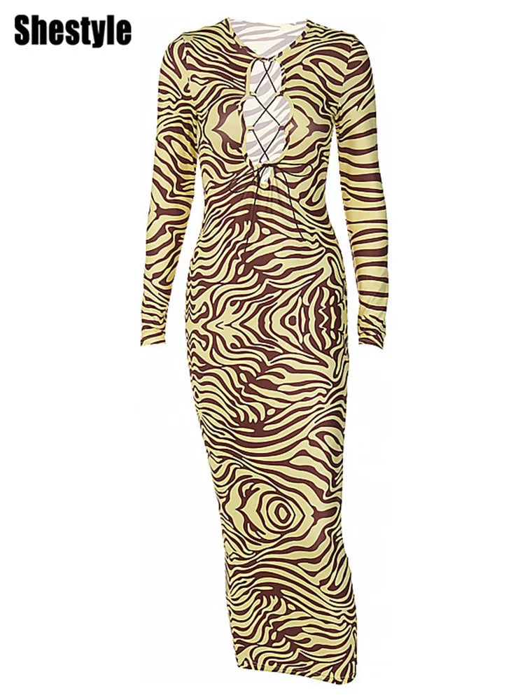 Print Yellow Pencil Long Dresses Women V Neck Corss Bandage