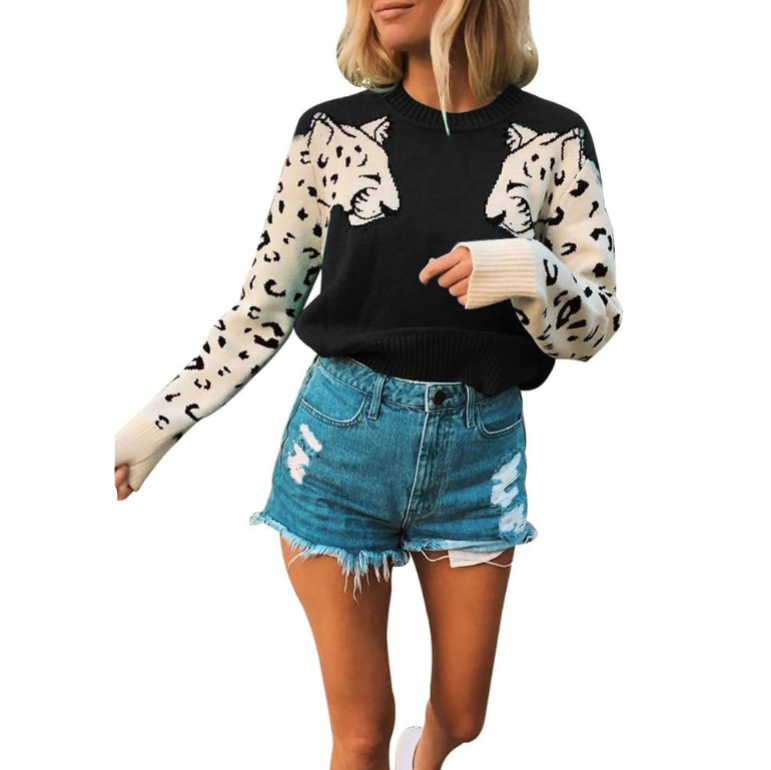 Women’s Casual Leopard Print Knitted Pullover Sweaters