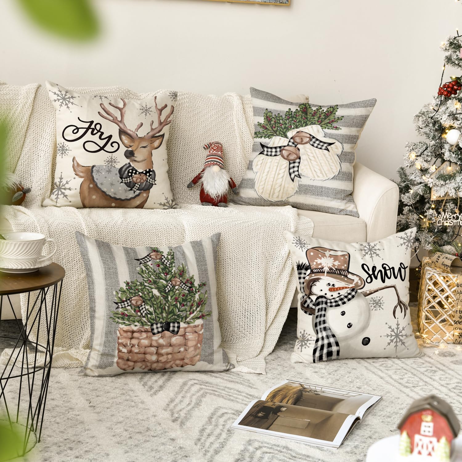 Christmas Snowman Reindeer Gloves Eucalyptus Throw Pillow Covers