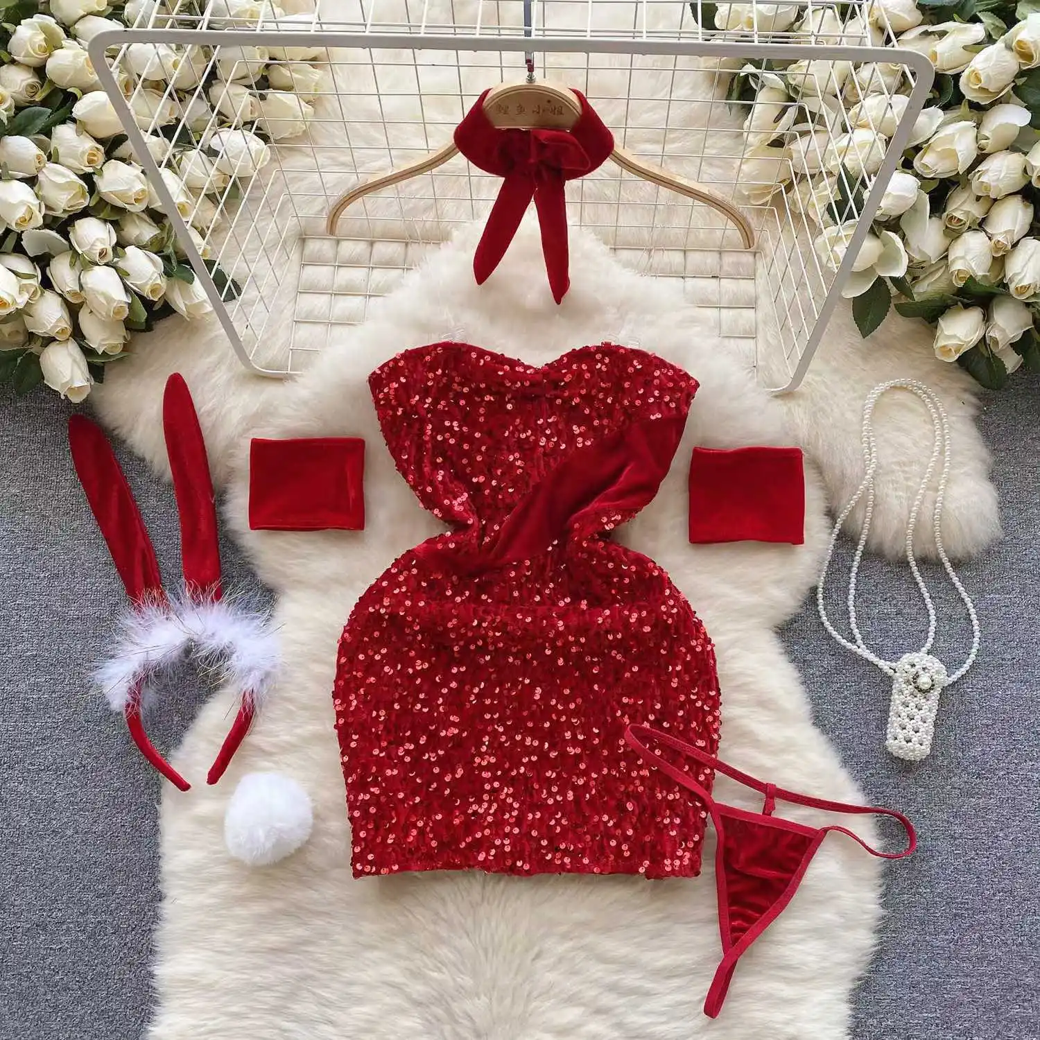 Christmas Red Short Dress Sexy Sequin Slim Bodycone Dress