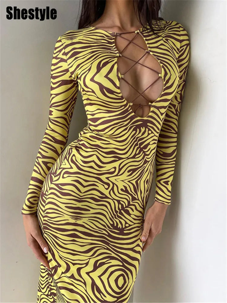 Print Yellow Pencil Long Dresses Women V Neck Corss Bandage
