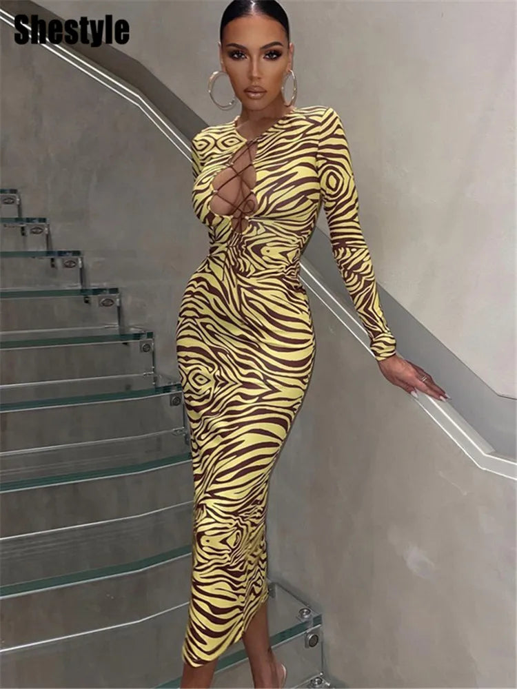 Print Yellow Pencil Long Dresses Women V Neck Corss Bandage