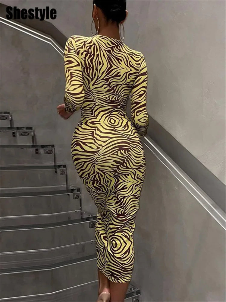 Print Yellow Pencil Long Dresses Women V Neck Corss Bandage