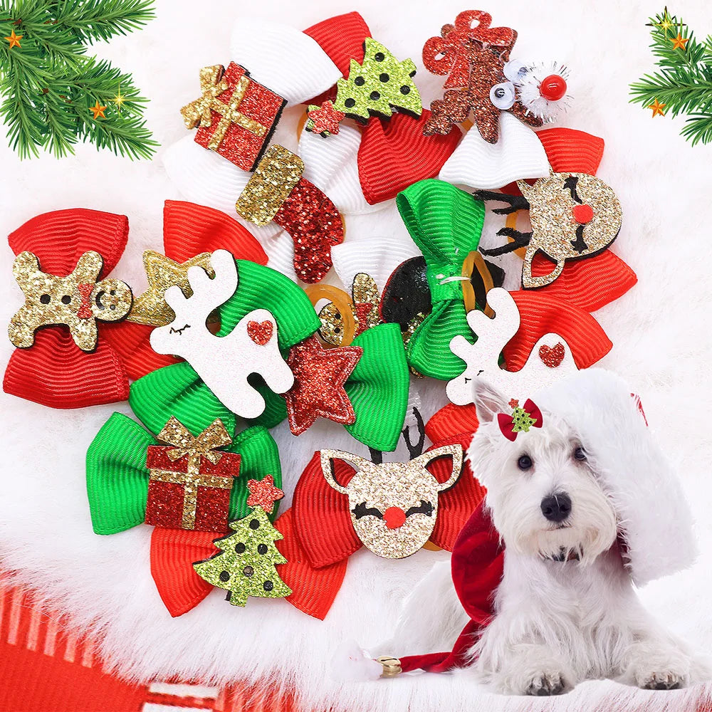 Dog Bows With Rubber Bands For Christmas Party Puppy Bowknots