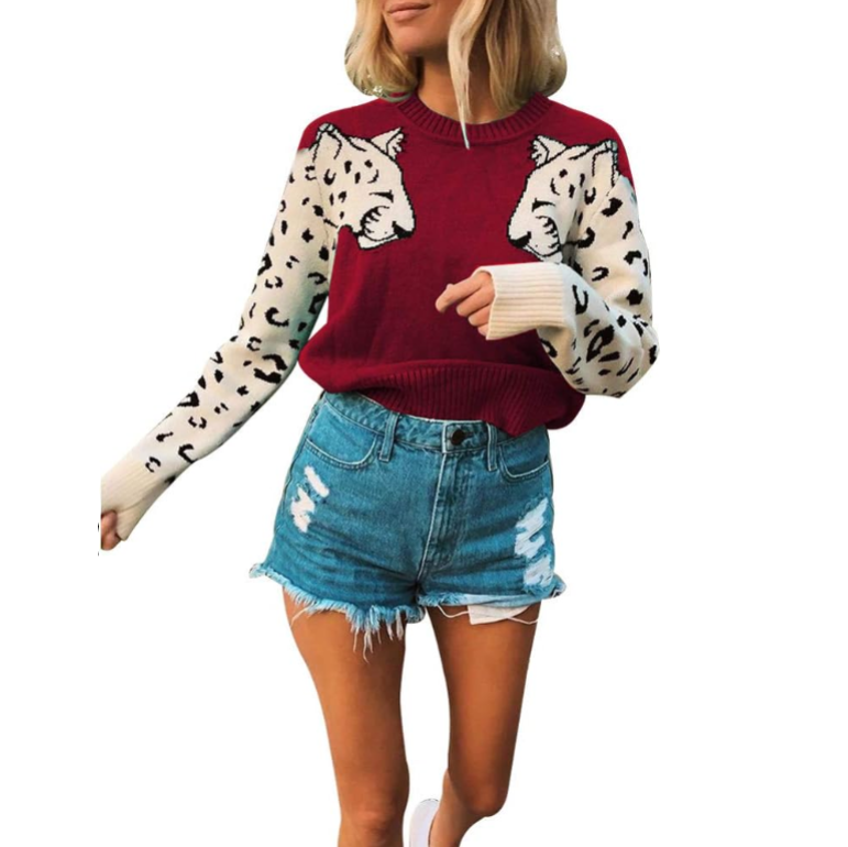 Women’s Casual Leopard Print Knitted Pullover Sweaters