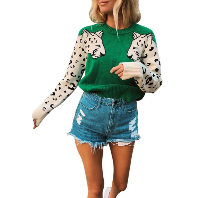 Women’s Casual Leopard Print Knitted Pullover Sweaters