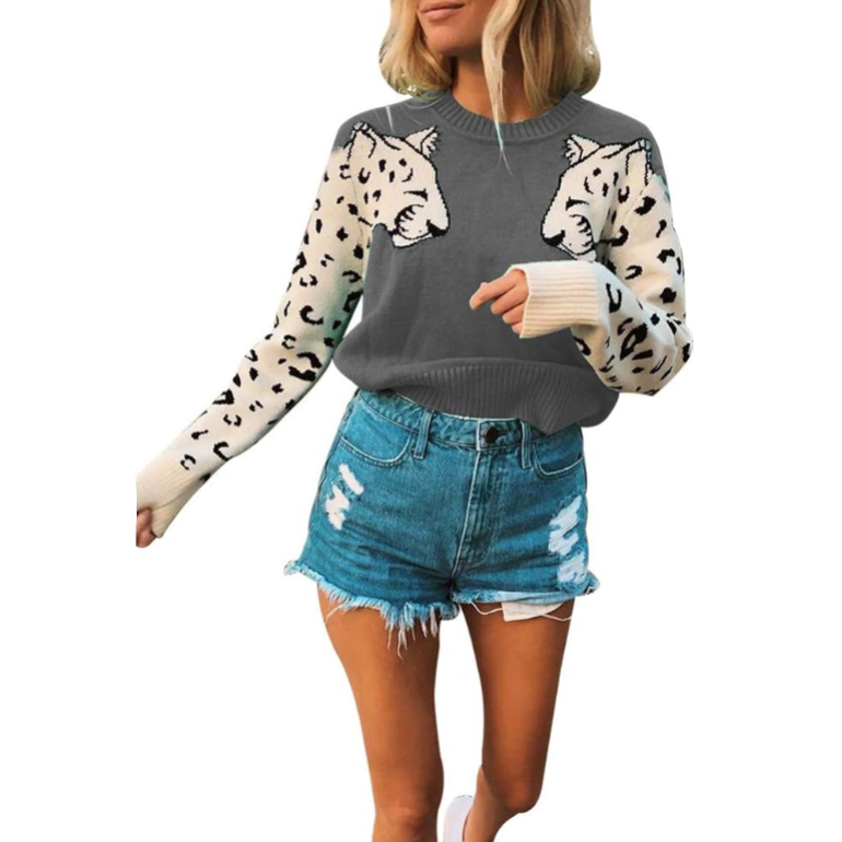 Women’s Casual Leopard Print Knitted Pullover Sweaters